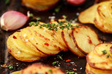 Parmesanlı peynirli ve otlu kızarmış patates yığını.