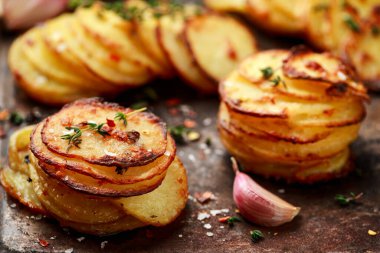Parmesanlı peynirli ve otlu kızarmış patates yığını.