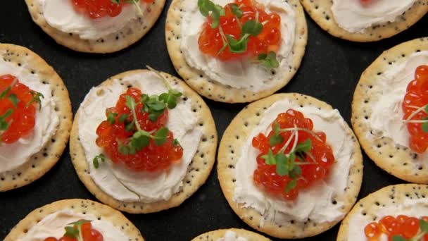 Kaviár z lososa a pikantní sušenky z měkkého sýra, jídlo na párty. rotující video — Stock video
