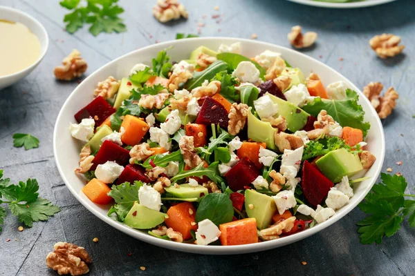 Healthy Butternut Squash Salad Beetroot Avocado Walnut Feta Cheese White — Stock Photo, Image