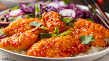 Kore usulü kızarmış tavuk, kırmızı lahana salatası ve beyaz pirinç. Asya yemekleri