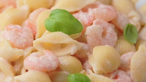 Italienische Conchiglie-Garnelen, Garnelenpasta in cremiger Käsesauce. Rotierendes Video. — Stockvideo