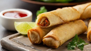 Kızarmış sebzeli börek ve ahşap tahtada soya sosu.