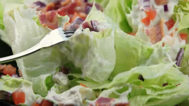 Візьміть шматочок смачного салату Ікеберга з беконом, вишневими помідорами, червоною цибулею та заправкою. здорова їжа — стокове відео