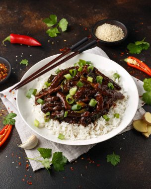 Baharatlı koyu soya soslu Moğol bifteği. Asya tarzı yemekler.