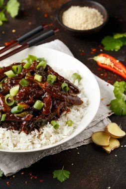 Baharatlı koyu soya soslu Moğol bifteği. Asya tarzı yemekler.