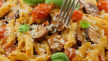 Domates soslu sosisli makarna, çatal kullanarak parmesan peyniri toplamak.