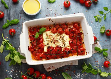 Çeri domatesli ve otlu fırında Feta Makarnası. Vejetaryen yemeği.