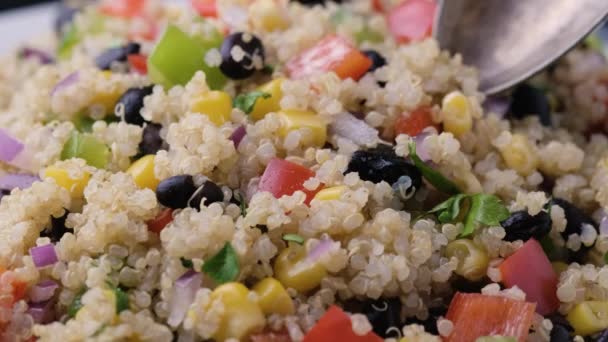 Plocka Quinoa svarta bönsallad med majs, röd grön paprika, lök, med hjälp av en matsked. Hälsosam mat. — Stockvideo