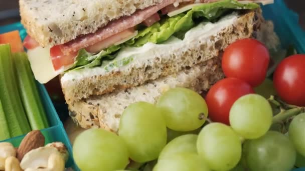 Friska skolan eller arbeta lunchlåda med smörgås, färska grönsaker, frukt och nötter. Roterande video — Stockvideo