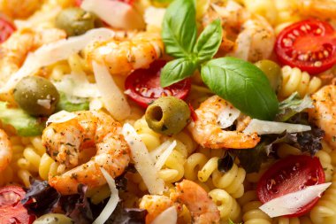 Salamura edilmiş yeşil zeytinli, kiraz domatesli ve parmesan peynirli makarna salatası. Sağlıklı yemek..