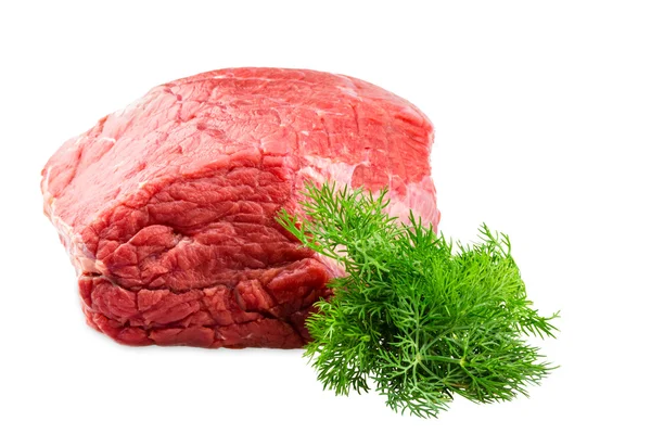 Laje de carne fresca com endro isolado sobre branco — Fotografia de Stock