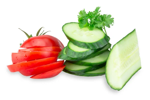 Cucumber and Tomato slices isolated on white — Stock Photo, Image