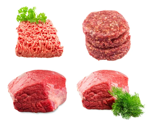 Losa de carne fresca con eneldo, carne molida, hamburguesas para hamburguesas aisladas sobre fondo blanco —  Fotos de Stock