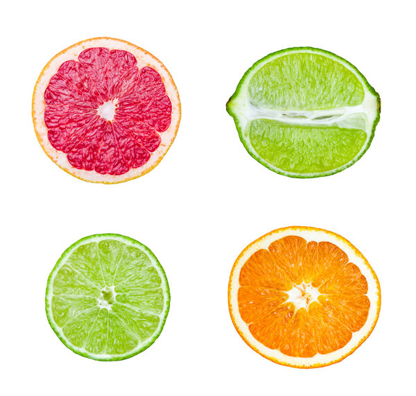 Fresh sliced orange, lime, Grapefruit  fruit isolated on white background