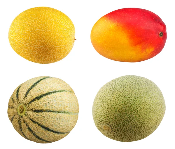 Mango fruit, ripe cantaloupe melon on white background. — Stock Photo, Image