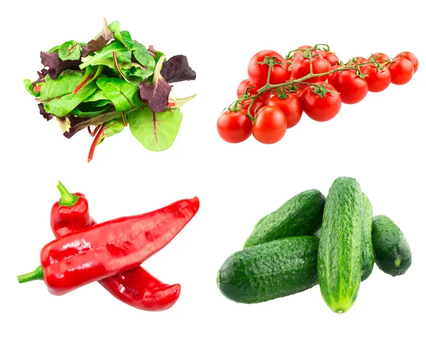 Mixed salad red leaf, spinach red chard, fresh cucumbers , Cherry tomatoes on the branch and Red Ramiro Peppers isolated on white — Stock Photo, Image