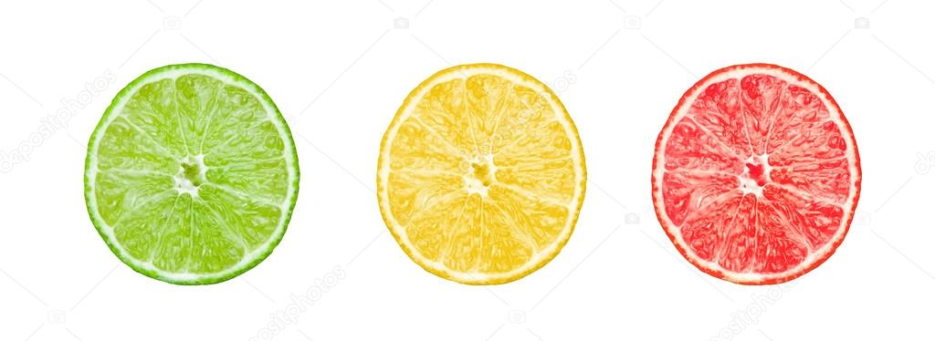 Collection of citrus slices -  lemon, lime and grapefruit isolated on white background