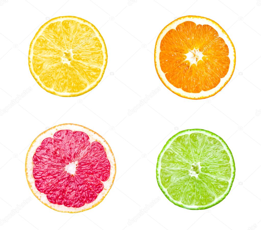 Collection of citrus slices - orange, lemon, lime and grapefruit isolated on white background