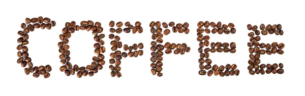 Kaffe skrivet med kaffebönor isolerad på vit bakgrund — Stockfoto