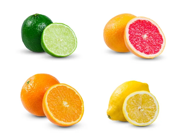 Zbiór owoców cytrusowych plasterki pomarańczy, cytryna żółta lipa, lipa i grejpfruty na białym tle — Zdjęcie stockowe