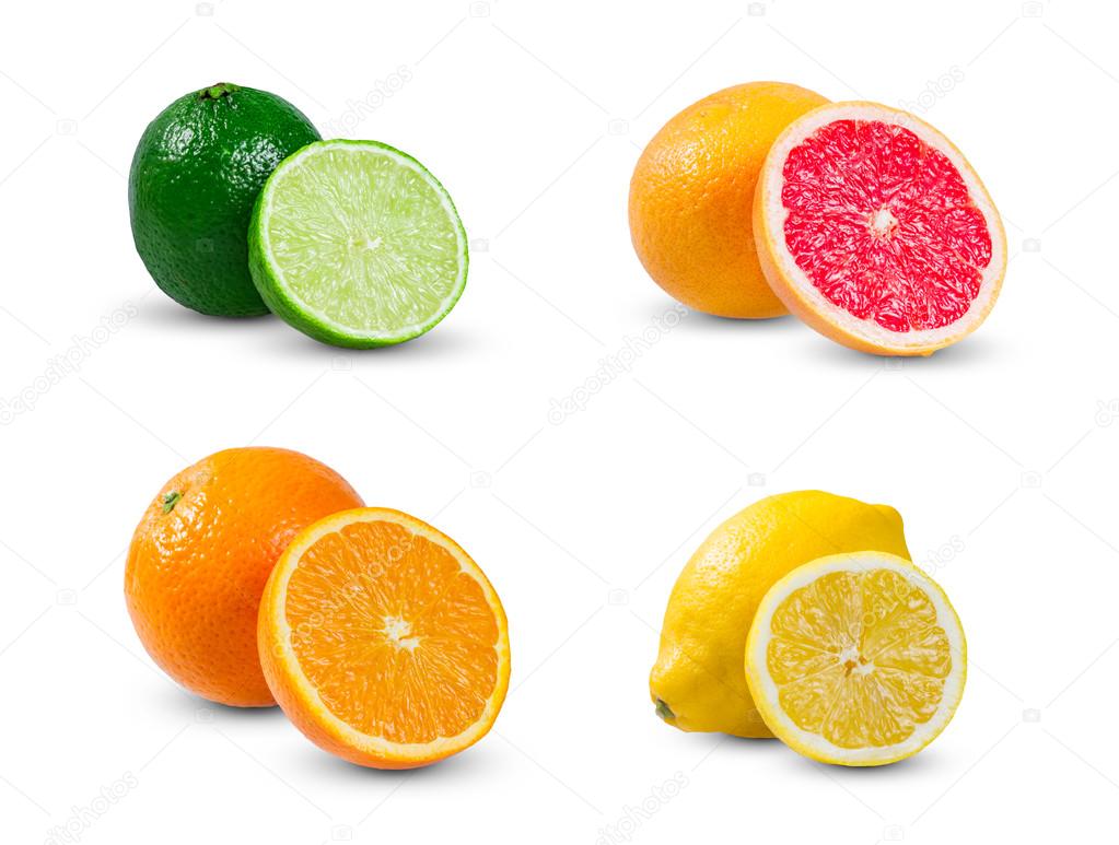 Collection of citrus  slices  orange, lemon yellow lime, lime and grapefruit isolated on white background