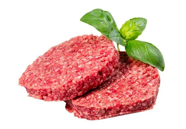 Hand gemaakt van gehakt rundvlees, varkensvlees hamburgers pasteitjes geïsoleerd op witte achtergrond — Stockfoto