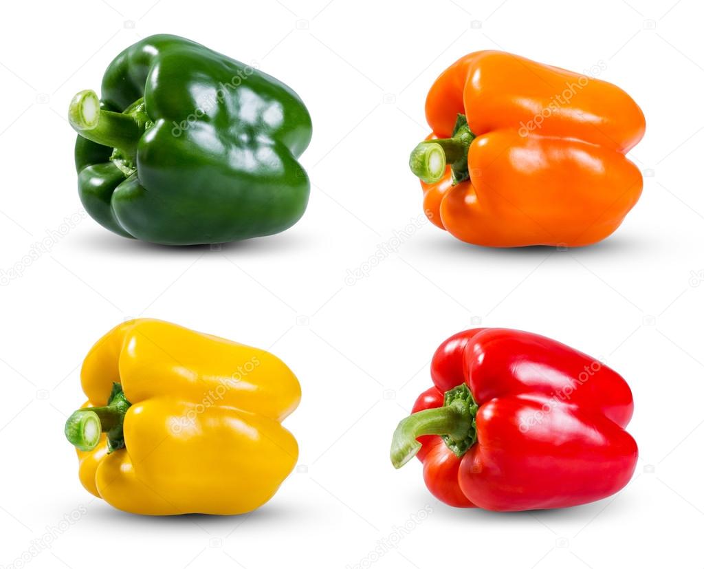 Set Collection of Fresh vegetable, Green, Yellow, Red and Orange Peppers isolated on a white background