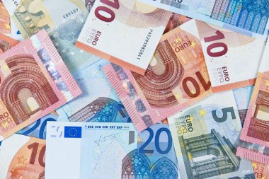 Yeni yirmi, on ve beş Euro banka banknot. Avrupa Birliği. Arka plan, doku