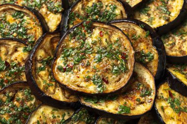 Roasted Eggplant with Chimichurri Sauce. Healthy Vegetarian Food.