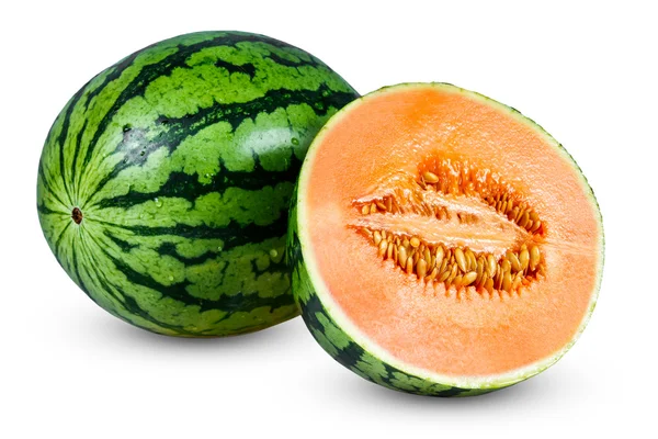 Vers hele sappige gesneden watermeloen die op smaak gebrachte meloenen. geïsoleerd op witte achtergrond — Stockfoto