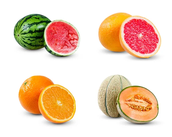 Collection de tranches juteuses de fruits pastèque, orange, melon et pamplemousse, riche en vitamines. isolé sur fond blanc — Photo