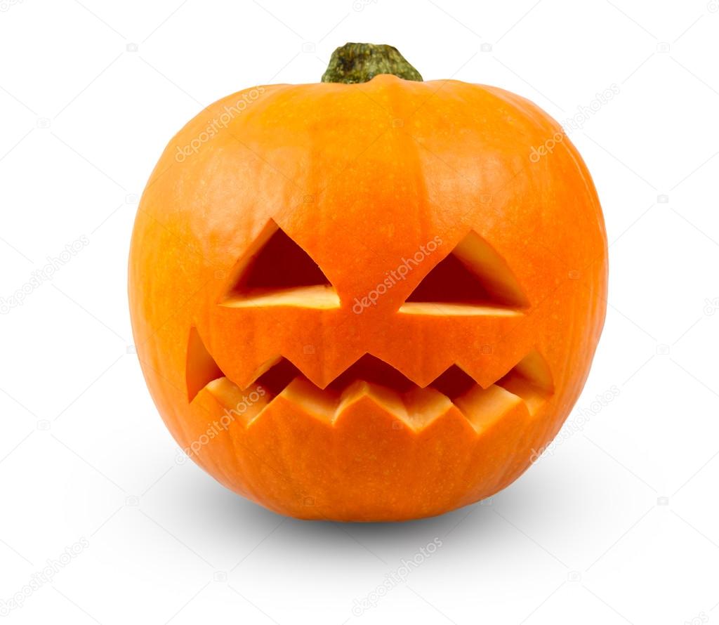 Scary Jack O Lantern halloween pumpkin isolated on white background