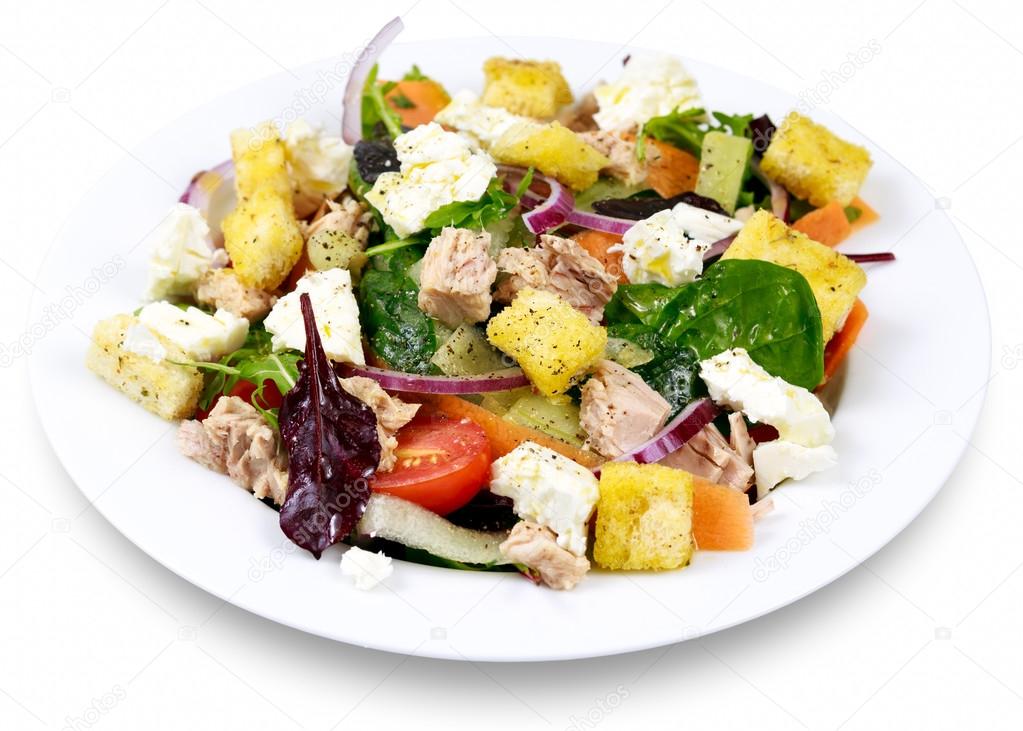 Tuna salad with Spinach, rocket, red ruby chard, tomatoes, cucumbers, carrot, red onion, white chesse, croutons on white