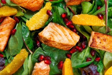 Fresh Salmon Salad with vegetables, pomegranate and orange. clipart