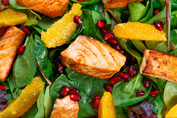 Fresh Salmon Salad with vegetables, pomegranate and orange.