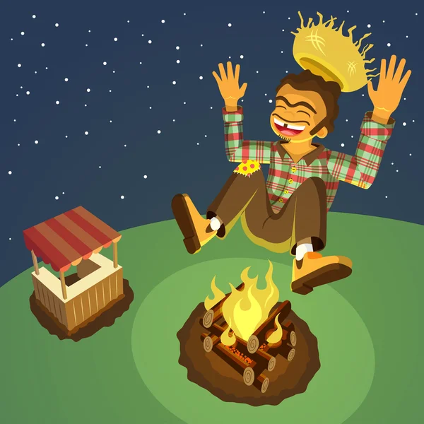 Happy hillbilly jumping high over a bonfire — Stock Vector