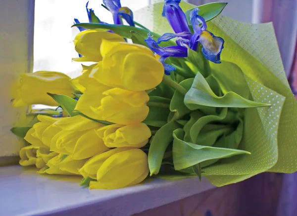 Sarı laleler ve mavi süsen