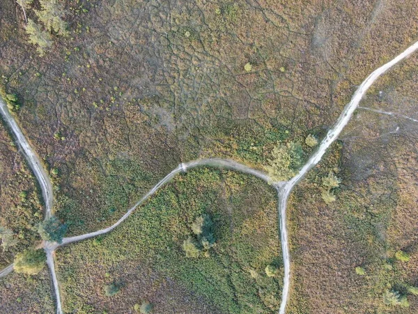 Letecký pohled přímo shora z klikatých cest přes vřesoviště — Stock fotografie