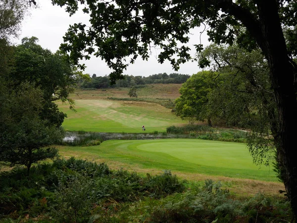 Um campo de golfe verde com um lago — Fotografia de Stock