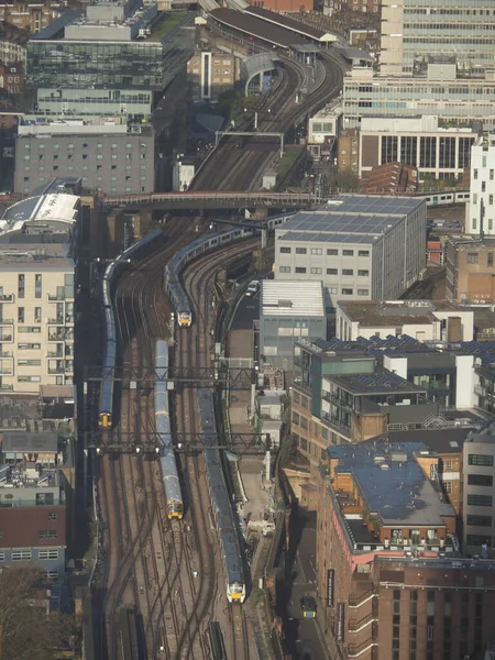 an aerial view of the railway tracks near Waterloo East in the middle of London city