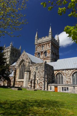 Dorset, İngiltere 'de Wimborne Minster' ın portresi, mavi gökyüzünün altında baharda Uk