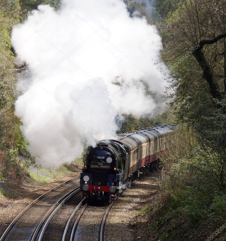 steam locomotive number 35028 Clan Line on a mainline special train near Bournemouth