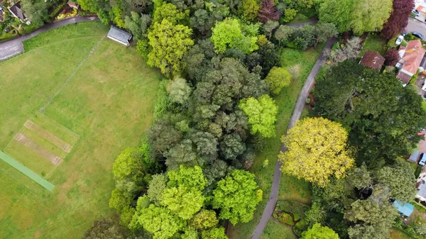 Vista aerea su un campo da cricket delimitato da alberi colorati e da un sentiero — Foto Stock