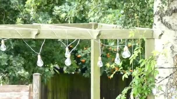 Einige Gartenlichter, die bei böigem Wind an einem Unterstand hängen — Stockvideo