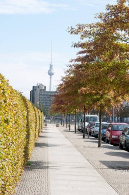 Sonbaharda arka planda ikonik televizyon kulesi olan bir Berlin sokak sahnesi.