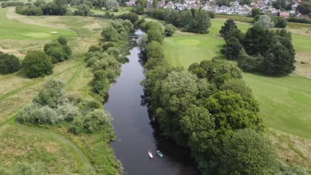 Aerial view of two paddle boarders on a river — Stock Video