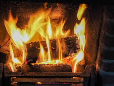 Büyük bir kütüğün etrafında alevler içinde güzel, sıcak bir ev ateşi.