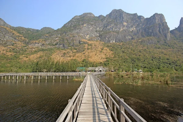 Lungo pontile di legno sul lago naturale — Foto Stock