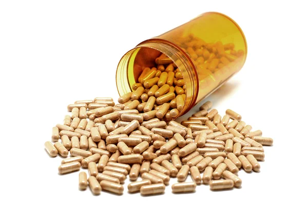 Ergänzung Vitaminkapseln und Behältnisse Flasche auf weißem Rücken — Stockfoto